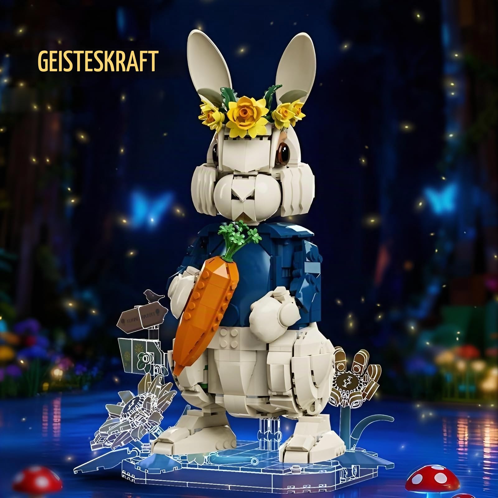 Ländliches Kaninchen Bausteine, 1252 Teilie Oster Blumen Kaninchen Klemmbausteine, Bewegliches Tier Modell mit Abnehmbarer Basis, Dekoration für das Homeoffice, Spielzeug Geschenk für Erwachsene