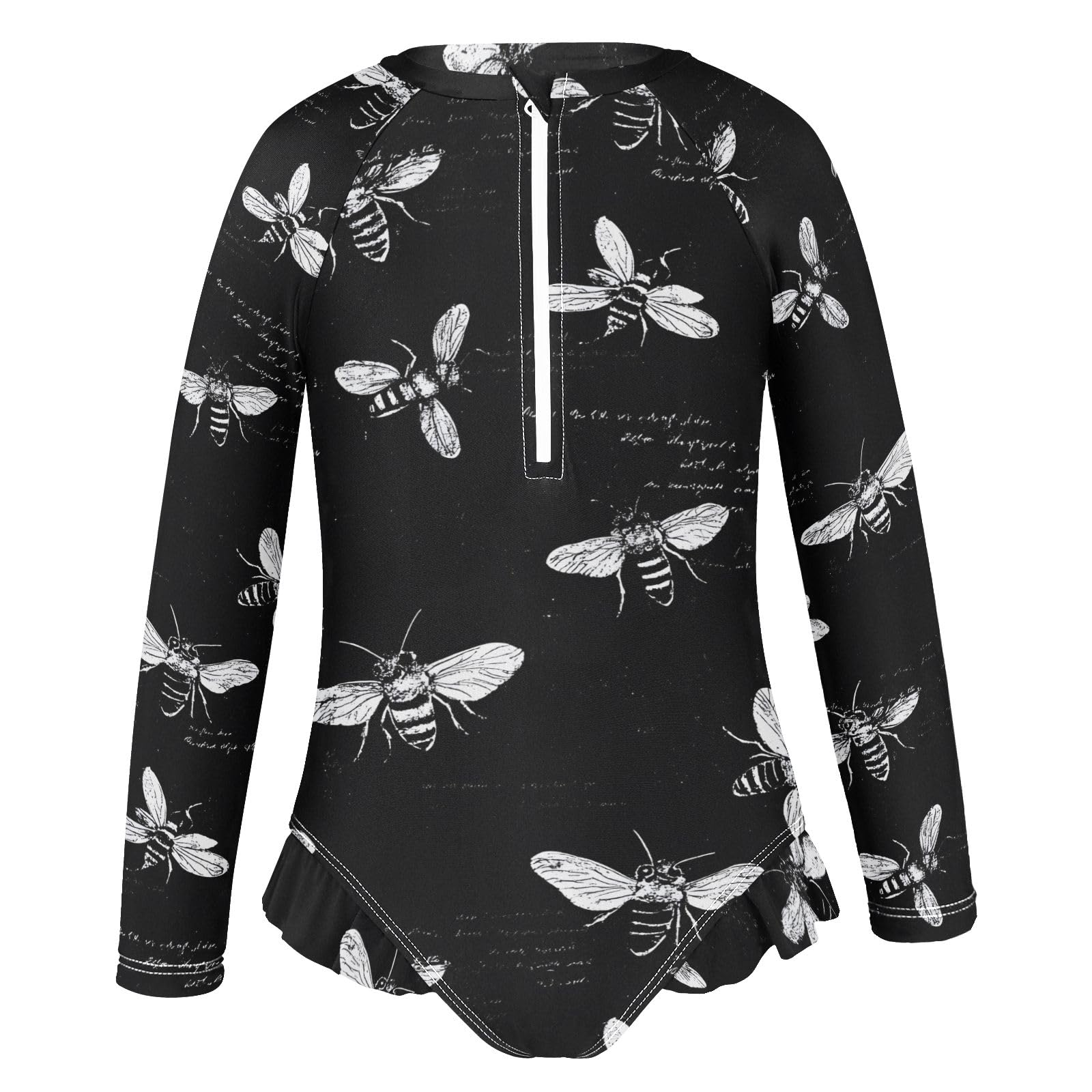 ALAZA Swimsuit for Girls Long Sleeve Rashguard Bathing Suit Black White Bees Quick Dry 4T