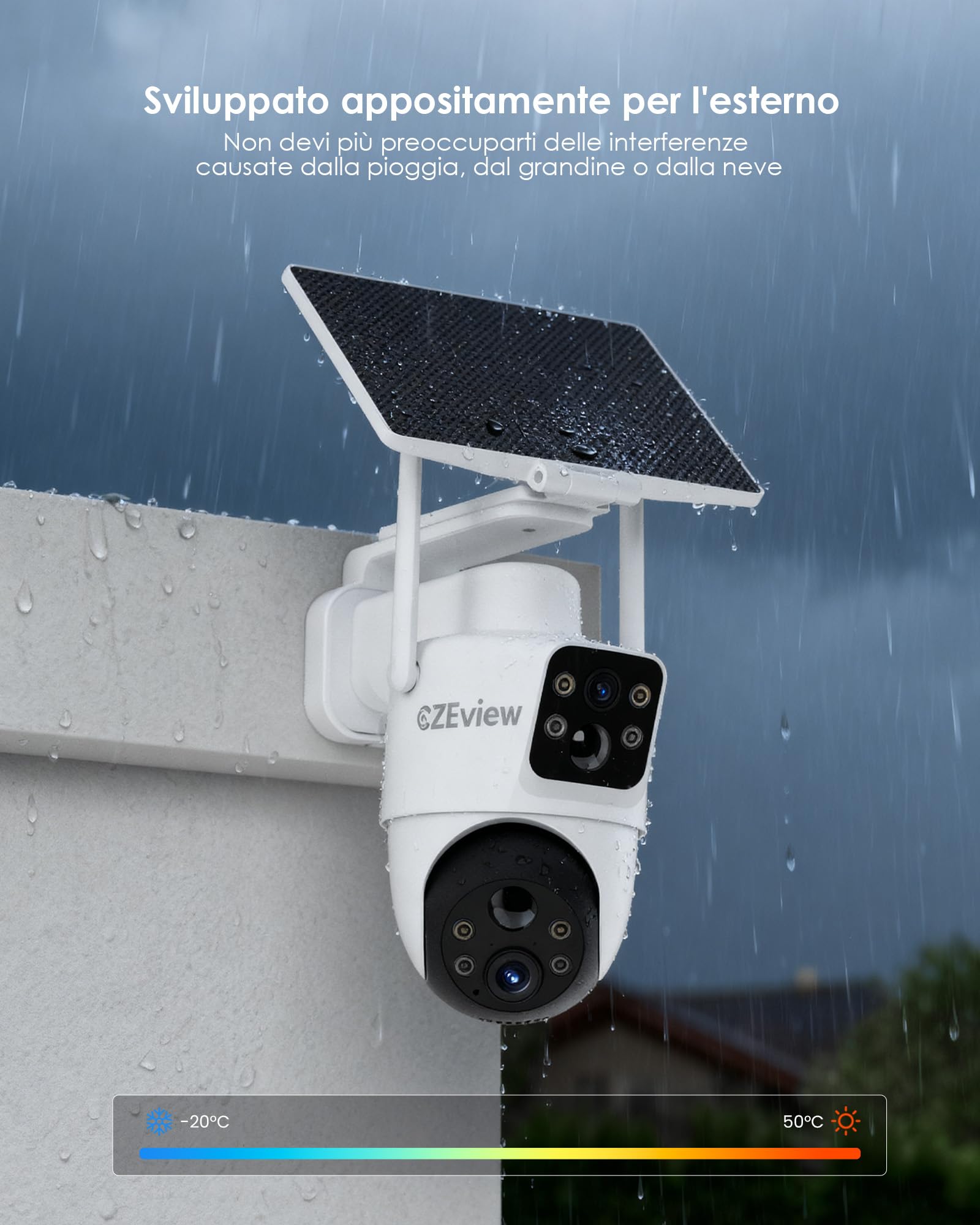 CZEview Telecamera Wi-Fi Esterno Senza Fili, 4MP Videocamera Sorveglianza con pannello solare, Doppio Obiettivo e PIR, 360° PTZ, 10000mAH Batteria, Visione Notturna A Colori, Audio Bidirezionale