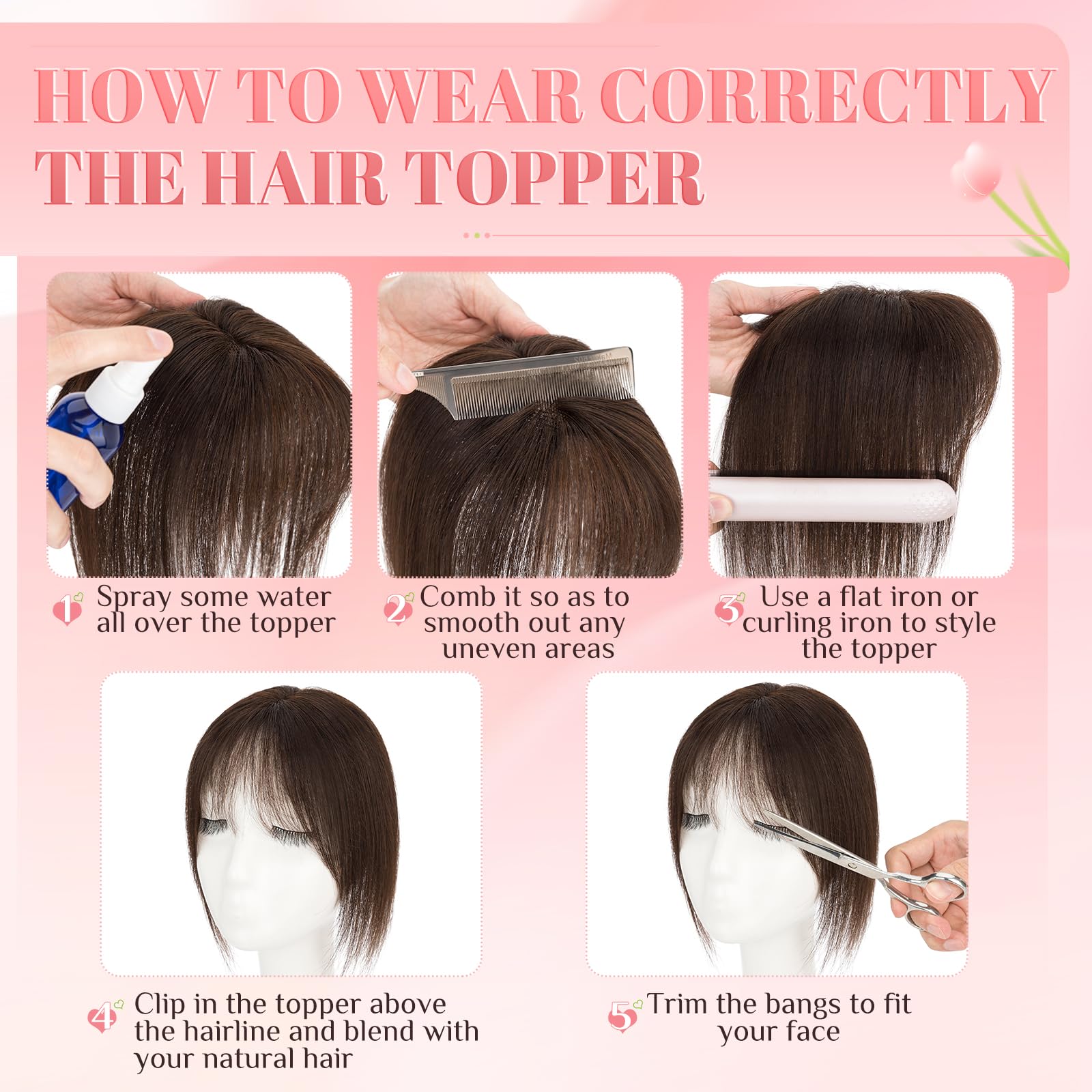 Elailite Hair Topper Donna Capelli Veri Clip 20g 25cm con Frangia Protesi Toupee Posticci Toupet Silk Lace 8x11cm #2 Marrone Scuro