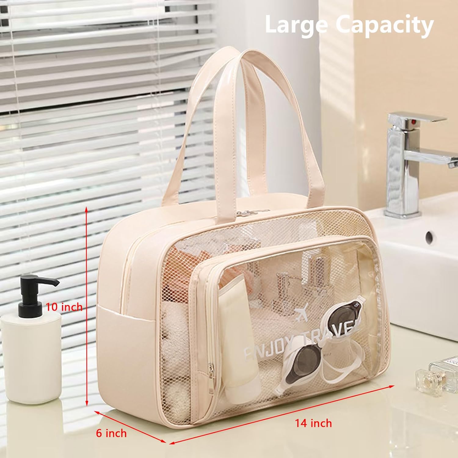 Travel Toiletry Bag for Women and Men, Large Shower Bag for Traveling/Gym, Clear Beach Tote Waterproof Sandproof (Beige) - Image 3