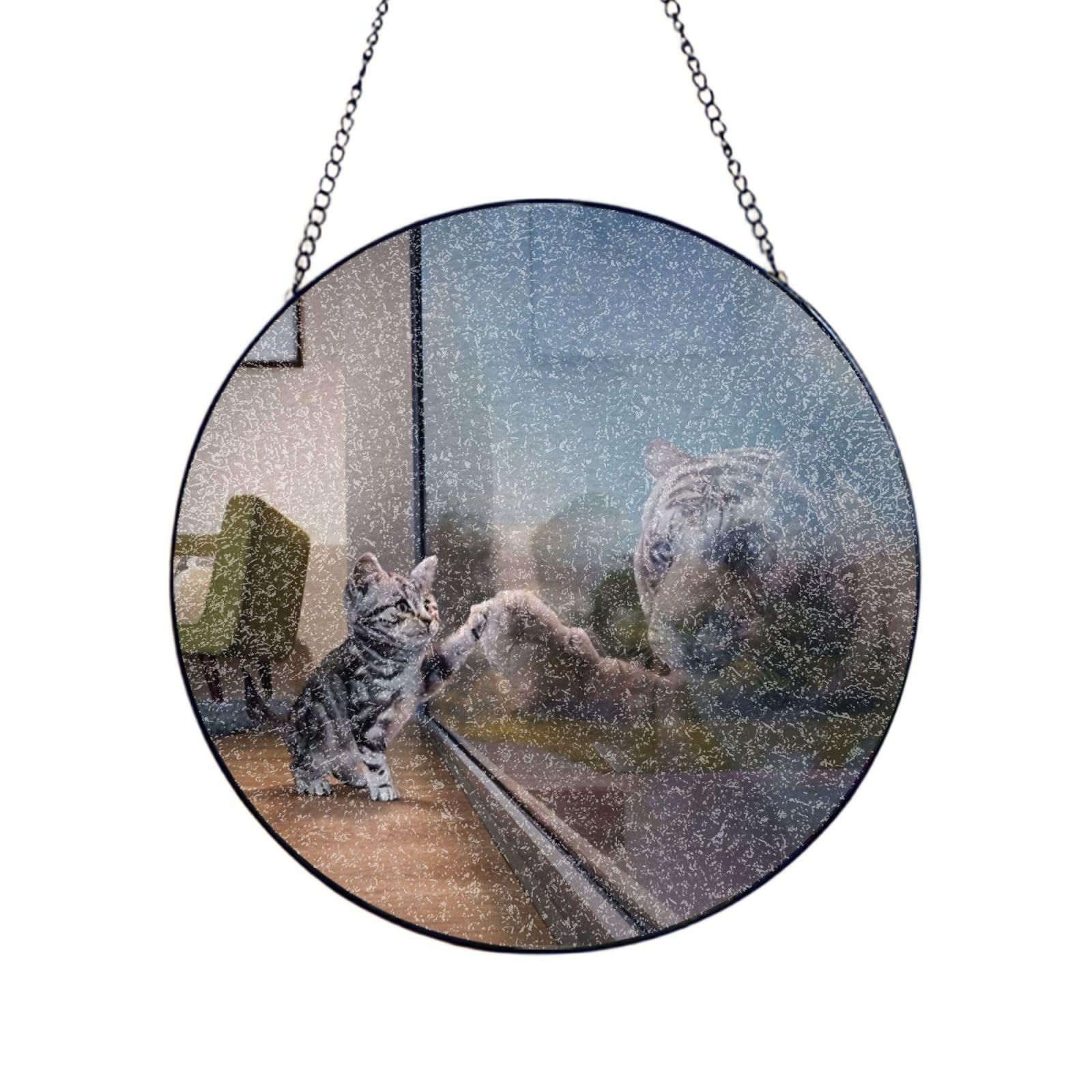 Phayah Cat And Reflection Tiger Animal Print Glass Window Hanging Round Suncatcher Glass Ornament Garden Wall Fence Decorations Indoor Outdoor 8in（20cm）