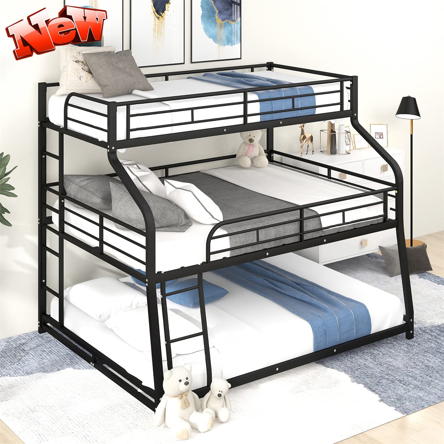 LEEKOUS Upgraded Version Heavy Duty Metal Twin XL Over Full XL Over Queen Triple Bunk Beds, Thicken Stronger Steel Triple Bed Frame with Ladders and Safety Guard Rail, Easy Assembly (Black)