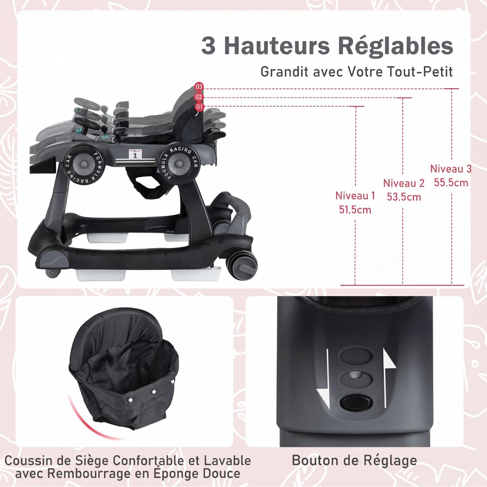COSTWAY Trotteur Bébé Garçon Pliable 4 en 1 avec 3 Hauteur Réglable, Trotteur Marche Bébé Garçon Évolutif avec Musique & Lumière, Roues Silencieuses, 5 Patins Antidérapants (Gris Foncé)