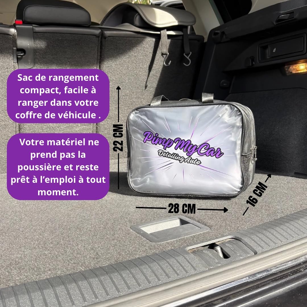 Kit Nettoyage Voiture complet - Sac Detailing auto intérieur extérieur - Microfibre, Microfibre Séchage, Shampoing, Nettoyant Jantes, APC, Pinceaux, Brosse Jantes, Gant Lavage, Scrub Pad