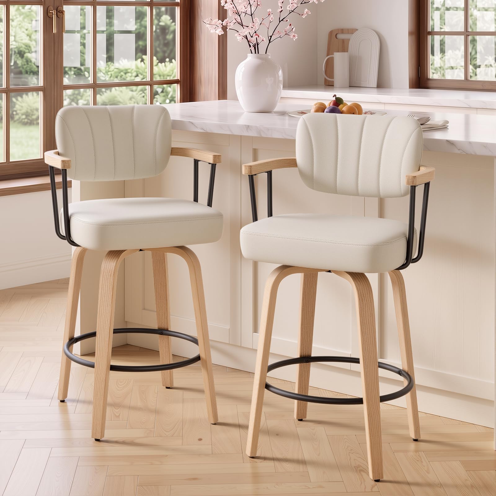 Swivel Counter Height Bar Stools Set of 2, 65cm Seat Height,White