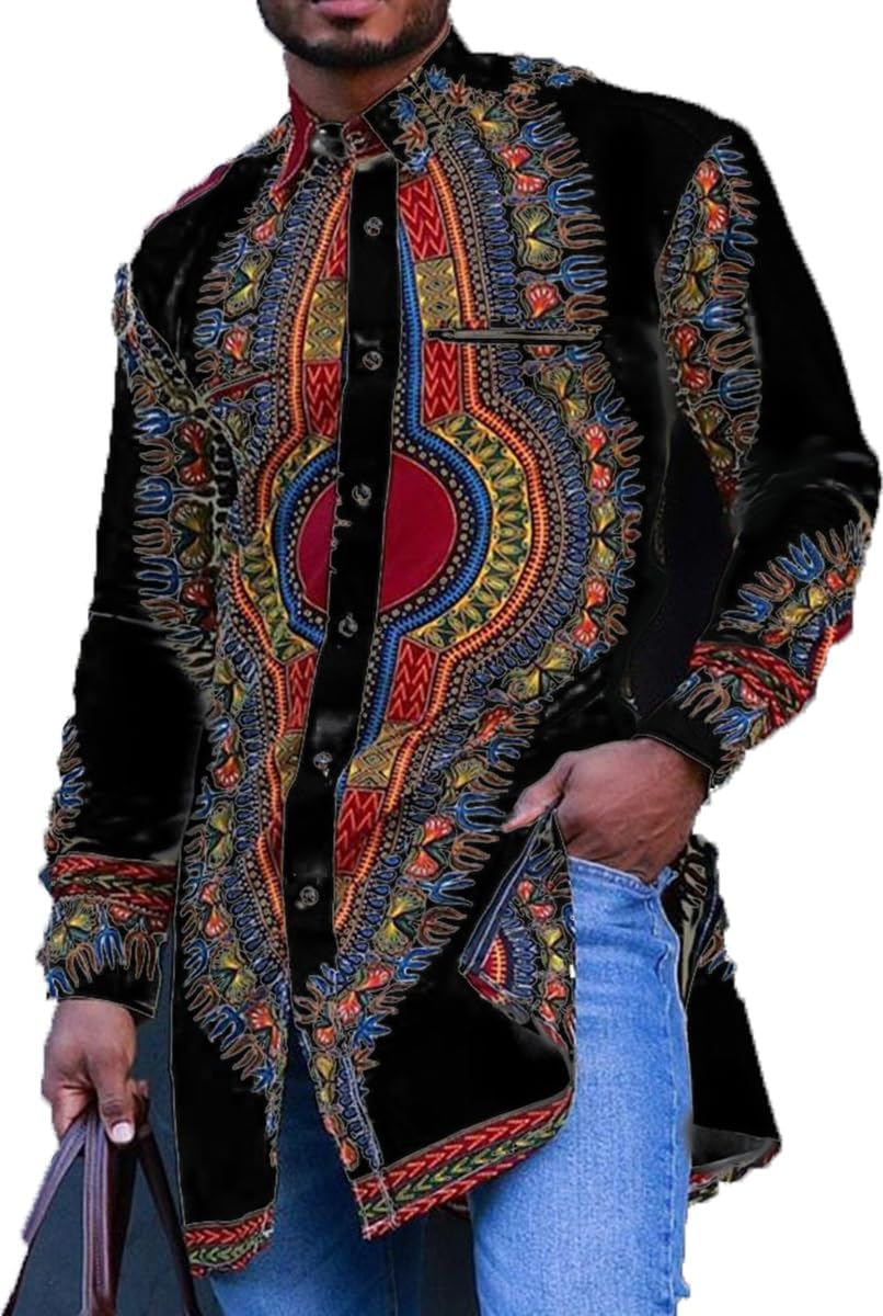 Mens Traditional African Tribal T Shirts, Dashiki Button Up Mandarin Collar Shirts Print Shirt Traditional Outfits