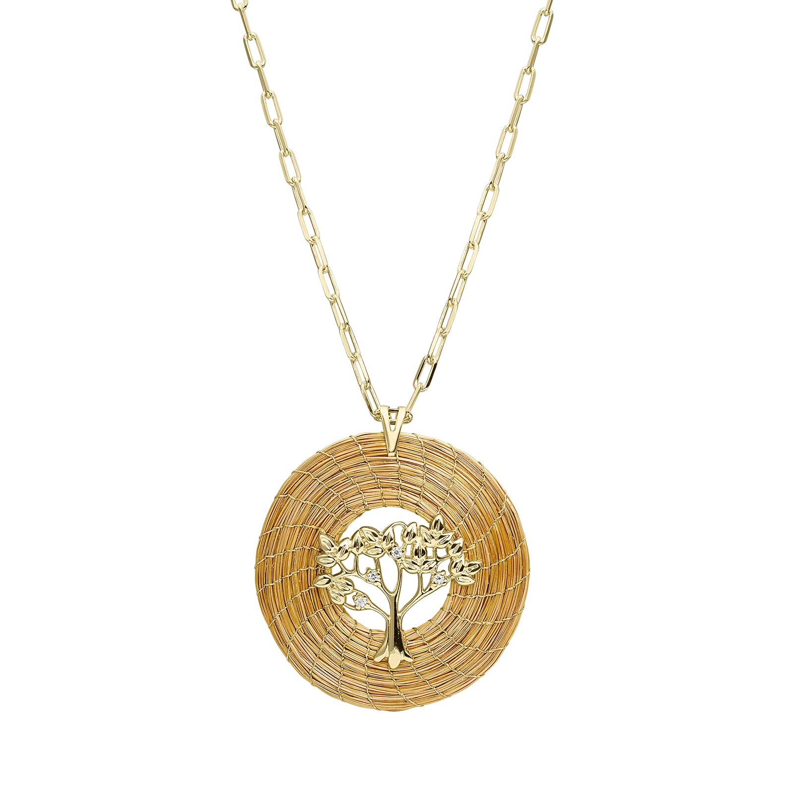 Collar Árbol de la Vida de Oro Vegetal 45 mm con Cadena Chapada en Oro | Joyería de fibra natural dorada