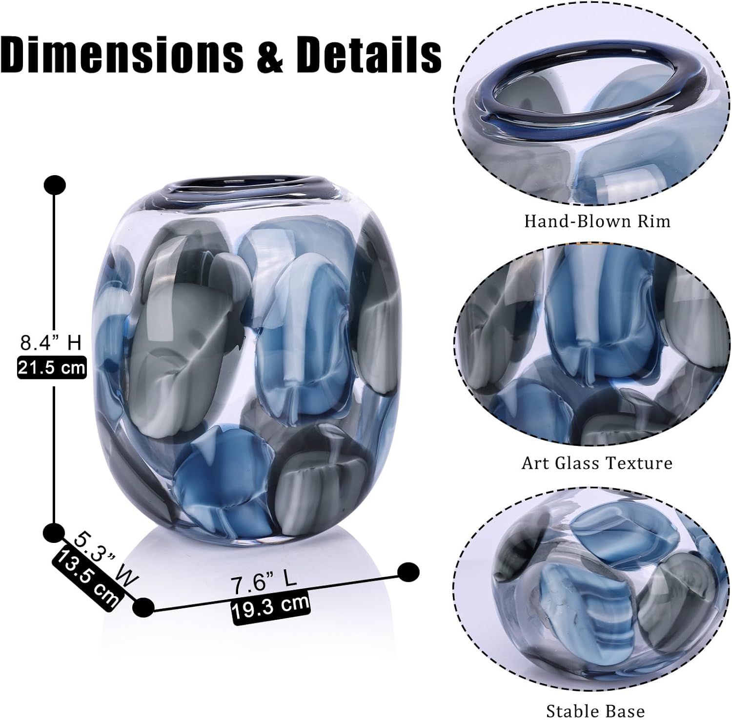 8.4" H - Hand Blown Blue Glass Vase, Wide Mouth Round Vase for Flowers, Beautiful Modern Coastal Decor for Home Living Room Bedroom Tabletop Centerpiece (Small)