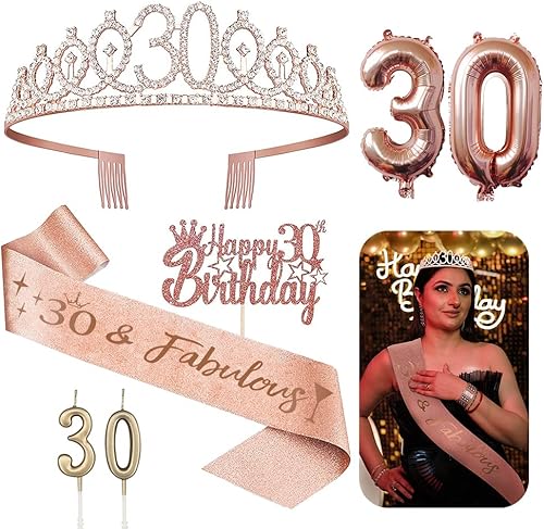 Decoraciones de cumpleaños número 30 para ella 5 regalos que incluyen corona de tiara número 30, banda, decoración de pasteles, globos, velas de