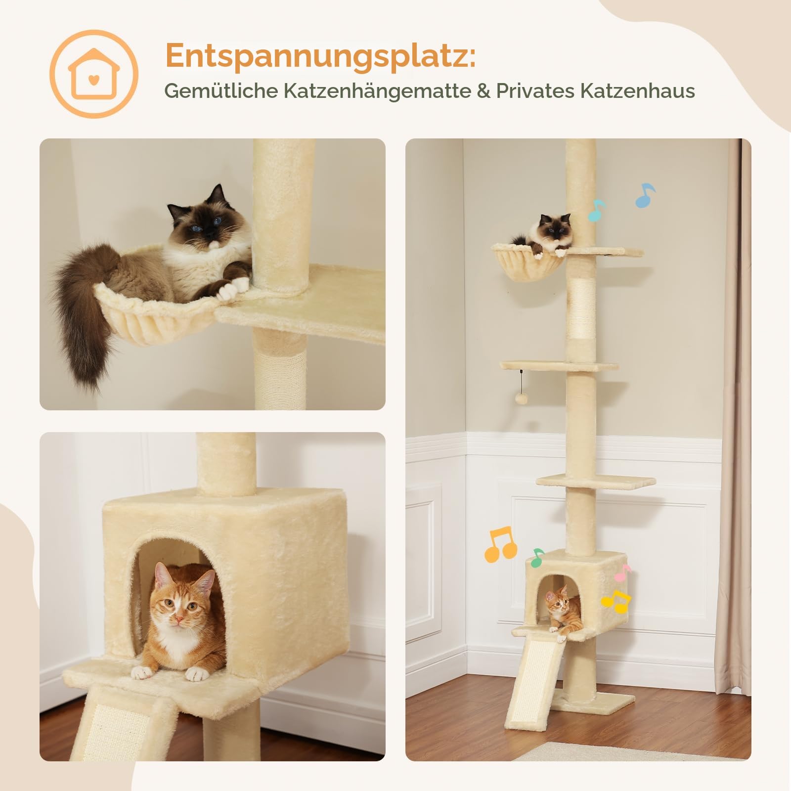 PAWZ Road Kratzbaum deckenhoch, Katzenbaum vom Boden bis zur Decke verstellbar, höhenverstellbar (216-273cm), Katzenturm mit Hängematte und Katzenhöhle, Anti-Sturzgurt Beige