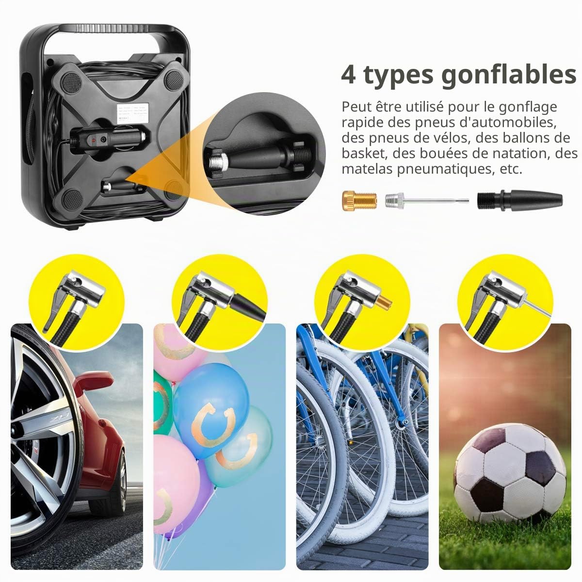 WindGallop Compresseur à Air Portable Gonfleur Electrique Gonfleur Pneus Voiture Mini Compresseur Voiture 12V Pompe A Velo Electrique avec Manomètre, Adaptateurs De Valve Et éclairage LED
