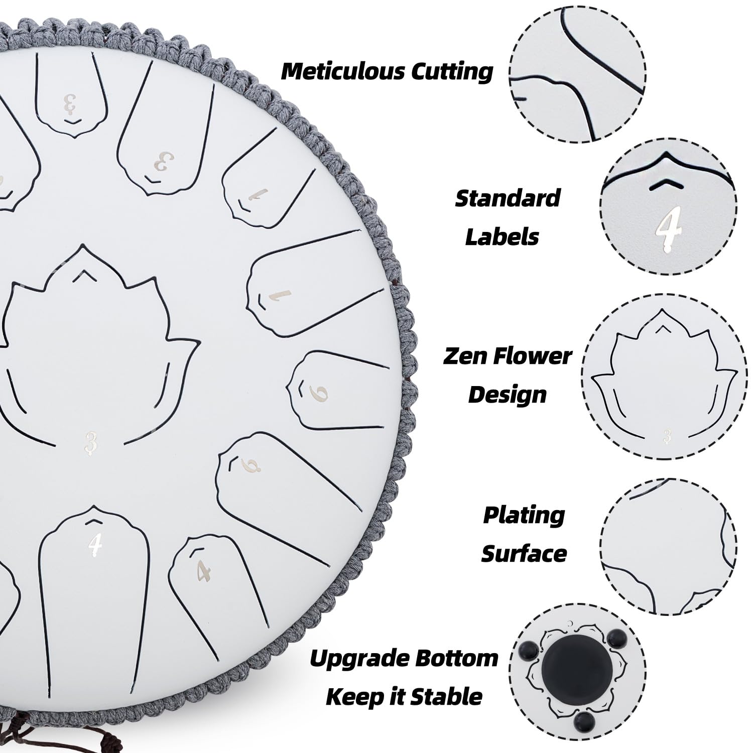 Tambour à langue en acier de 33 cm à 15 notes, avec sac de voyage en C, pagaies de doigt et livre de musique, percussion à main pour l'éducation musicale, la méditation, le yoga, cadeaux (blanc titane