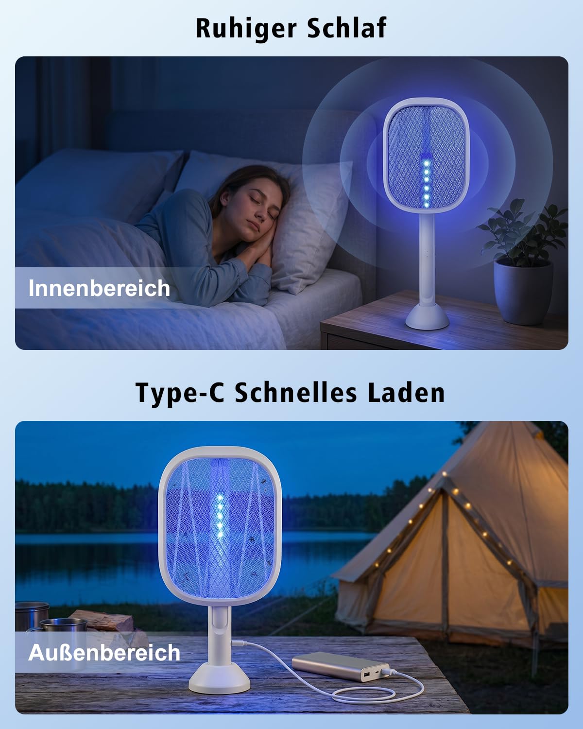 Elektrische Mückenklatsche 2-in-1 – Ausziehbarer Teleskop-Griff für Decken, 4200V Fliegenklatsche Elektrisch mit UV Lichtfalle, Klappbar mit Standfuß für Mücken & Motten