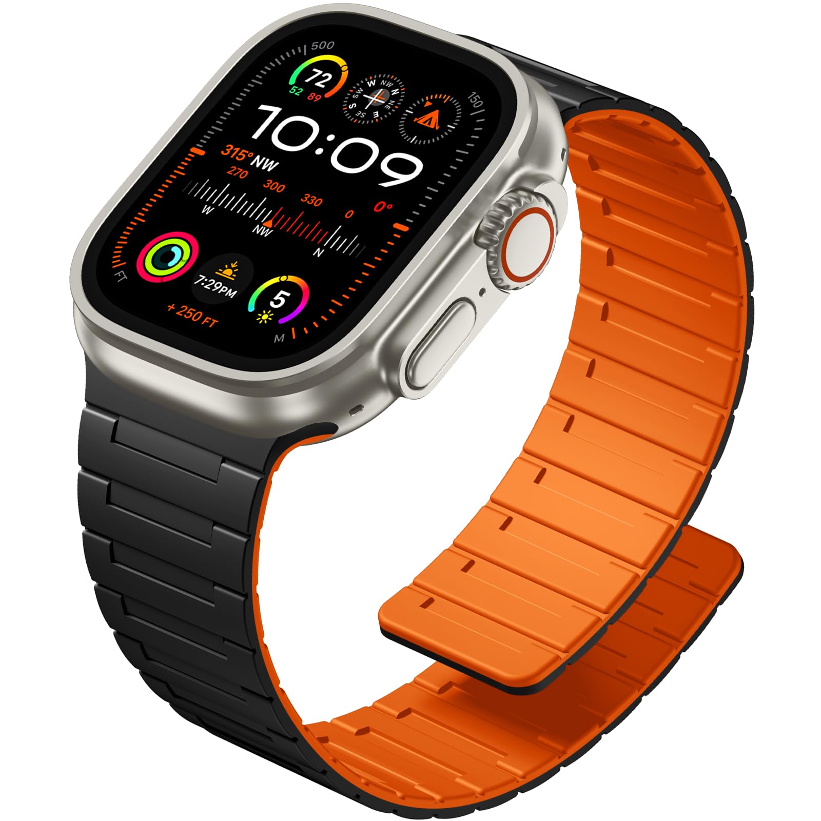 Photo 1 of SNBLK Magnetic Watchband Compatible with Apple Watch Ultra 3/Ultra 2 Band for Men 49mm 44mm 45mm 46mm 42mm, Silicone Sport Loop Strap Wristbands for iWatch Series 11 10 SE 9 8 7 6 5 4 1, Black/Orange