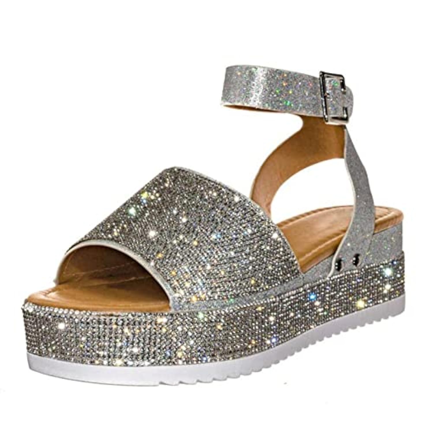 ORNVEION Women's Shiny Rhinestone Ankle Strap Platform Sandal,Boho Crystal Wedges Open Toe Dress Sandals Casual Beach Banquet Flat Shoes