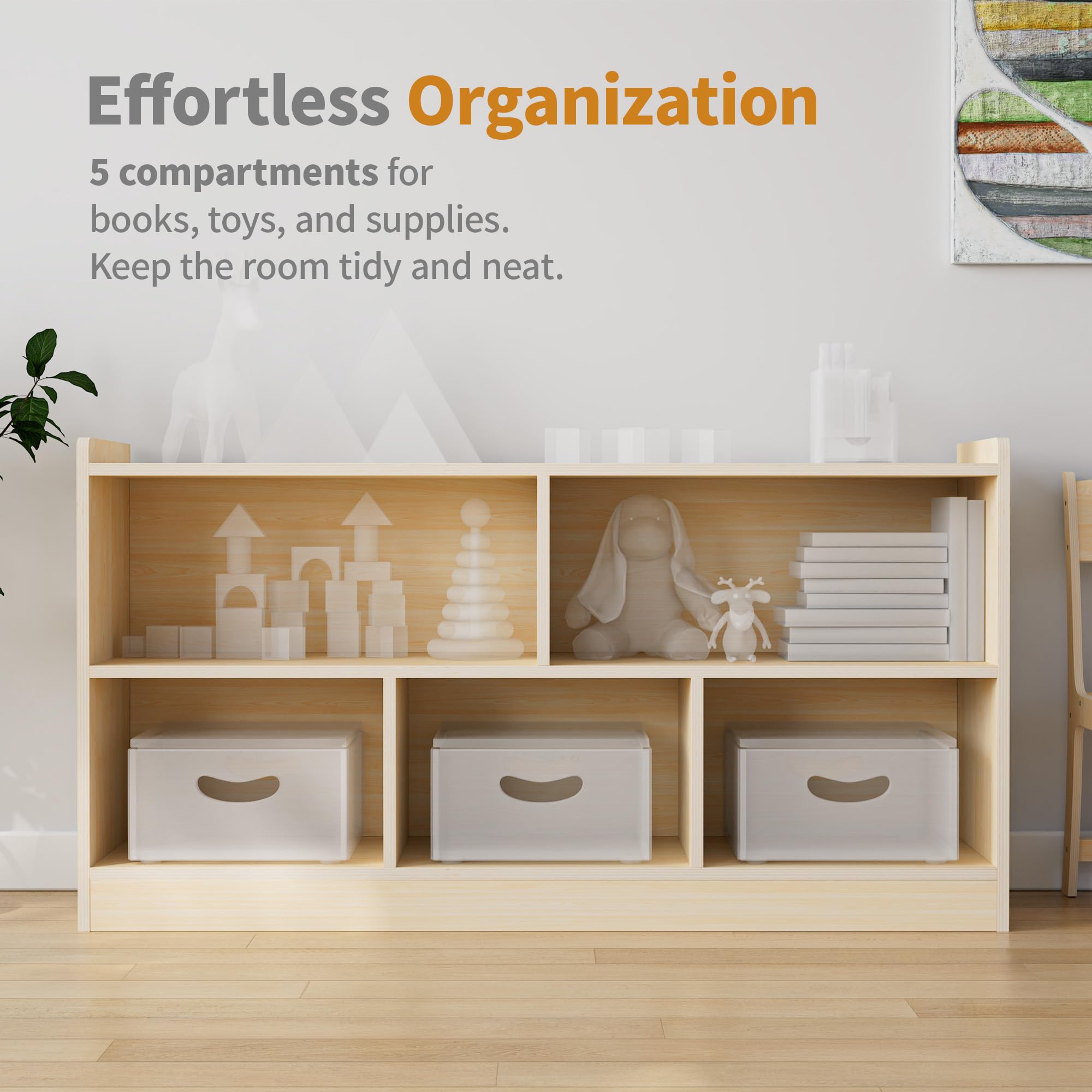 Puecrof Montessori - Estantería de madera contrachapada de abedul, 5 compartimentos con 2 estantes, organizador para habitación de niños, aulas, guarderías y preescolares