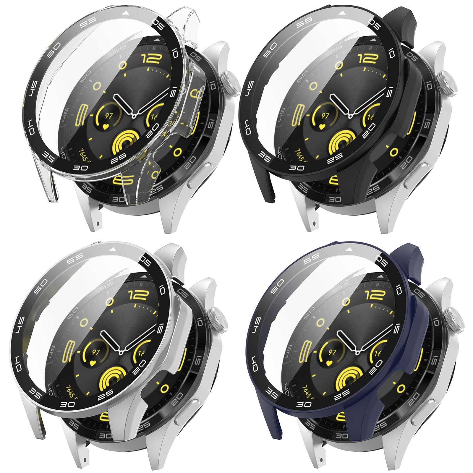 4Pack Hard PC Case with Tempered Glass Screen Protector Compatible with Huawei Watch GT4 46MM Smartwatch Protective Cover Bumper Shell Guard Accessories (B+T+S+E)