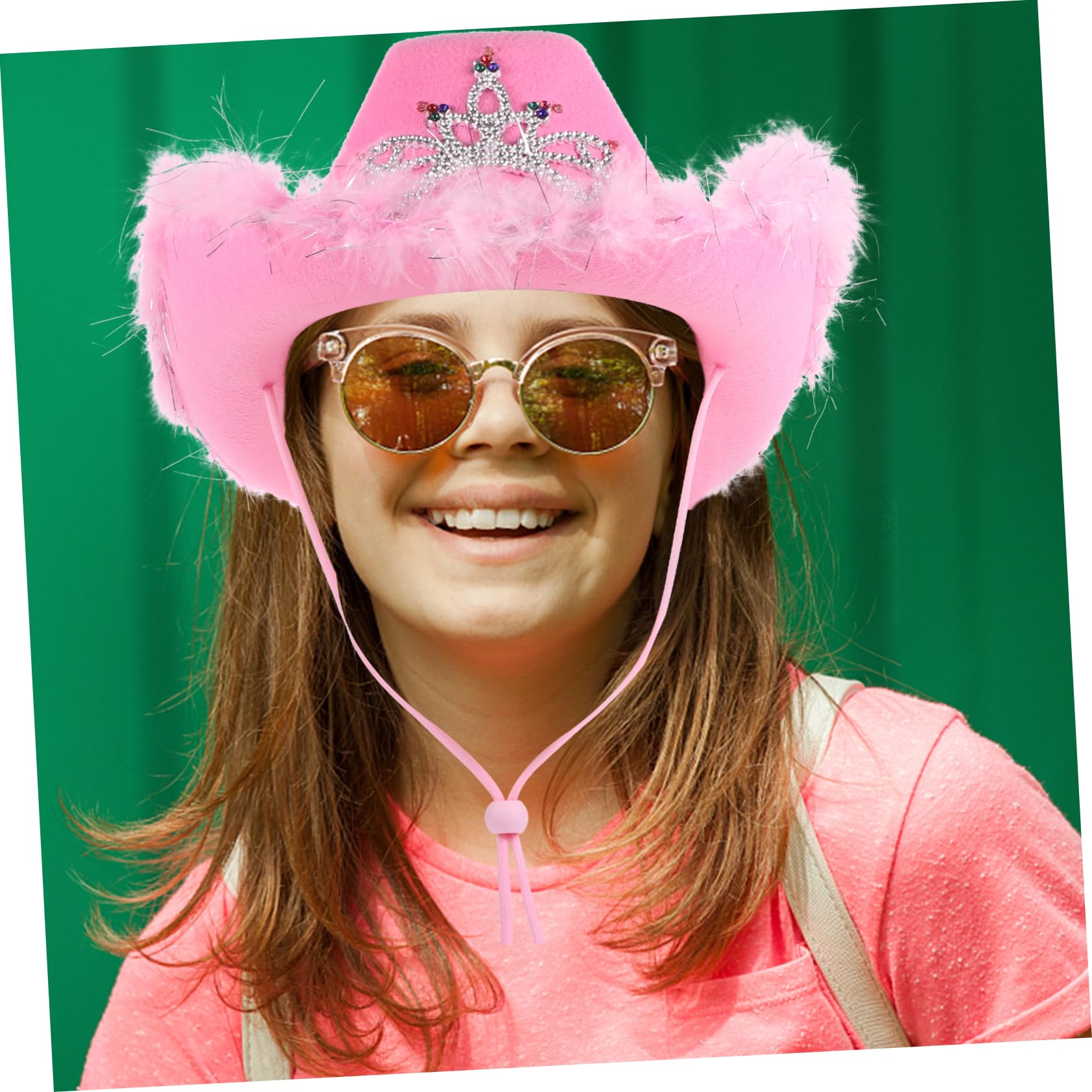 WOONEKY Sombrero de Mujer Rosa de Fieltro Estilo Occidental Luces, Cómodo para Cosplay y Juegos de Rol, Diseño de Vaquero Borde de Plumas