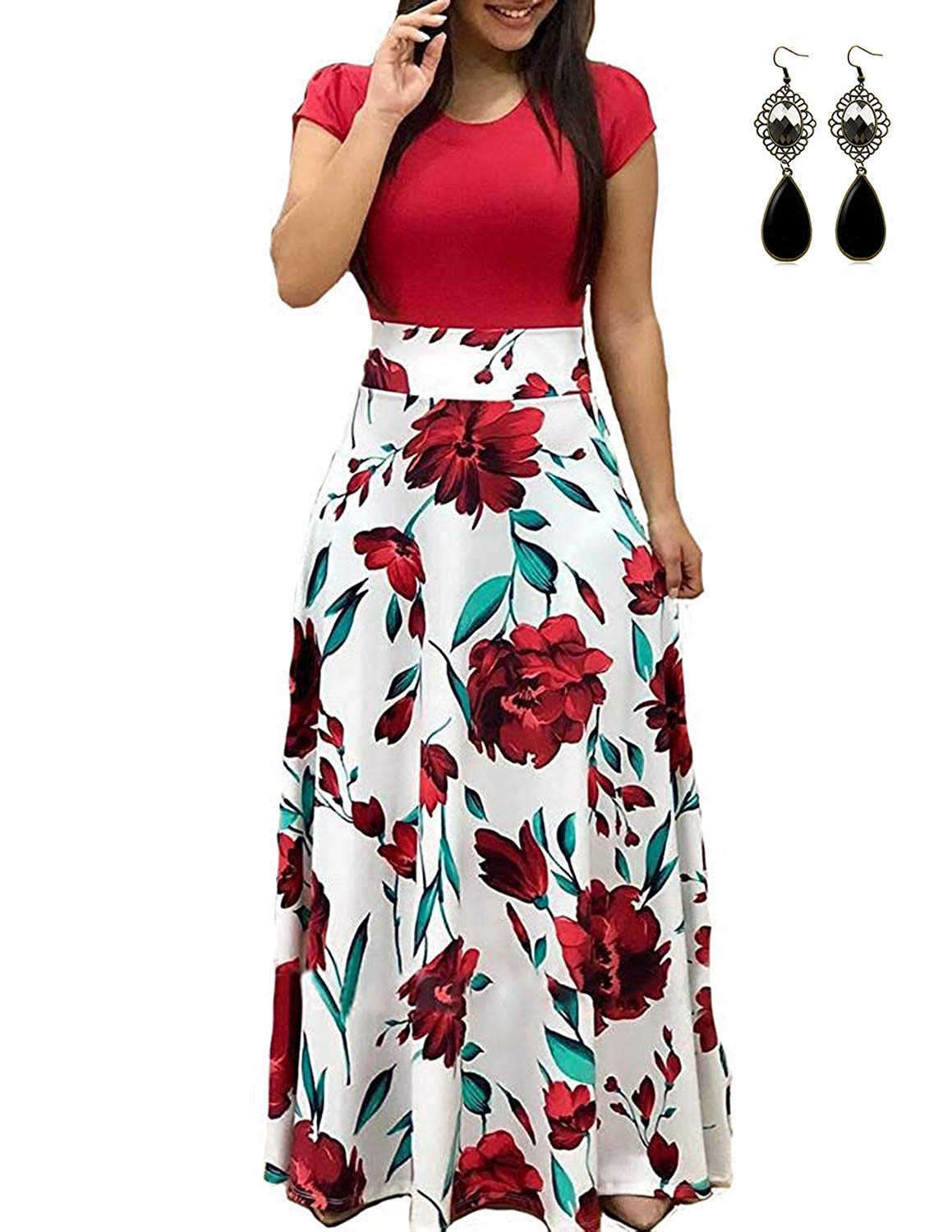 UUAISSO Mujer Vestido Fiesta Largo Manga Corta Floral Print Casual Verano Maxi Vestidos Playa Vacaciones