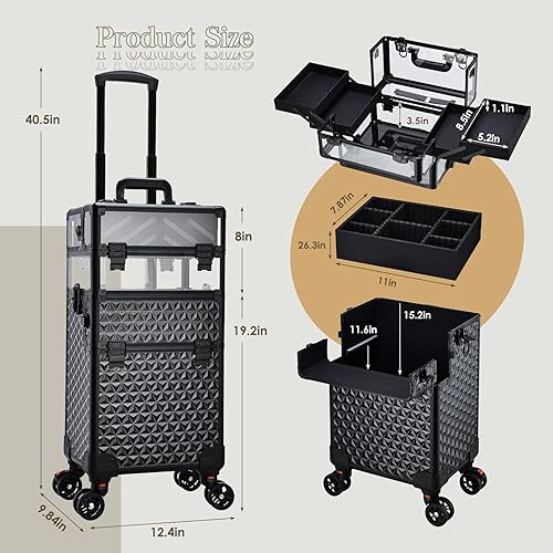Miniatura 6 de Profesional 3 en 1 Estuche de maquillaje con ruedas Estuche de tren cosmético con ruedas Gran Capacidad Maquillaje Trolley Salon Barber Traveling