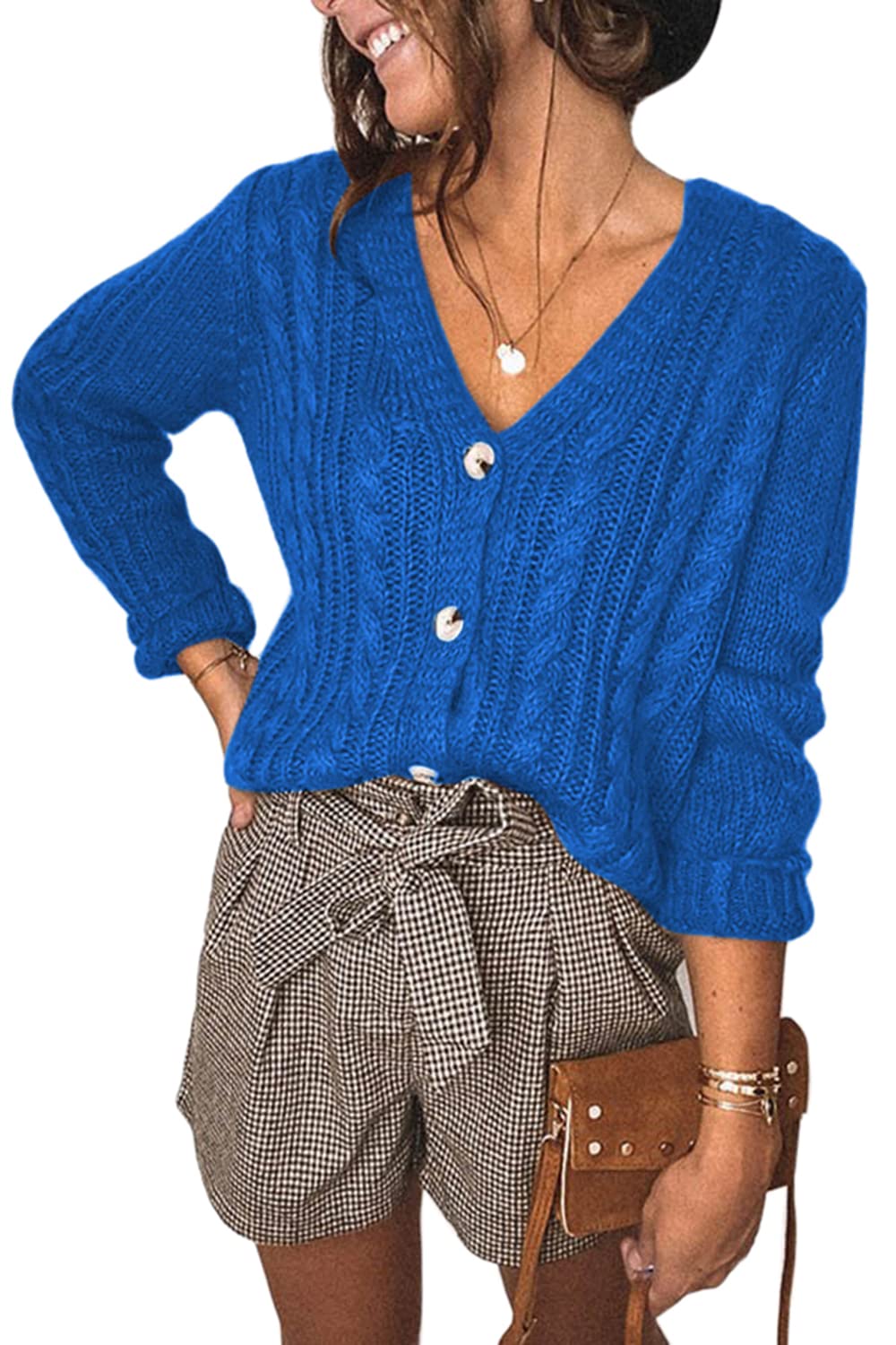 Aoysky Cardigan Sweaters for Women Cable Knit Tops Open Front V Neck Womens Girls Button Down Tops Cardigan