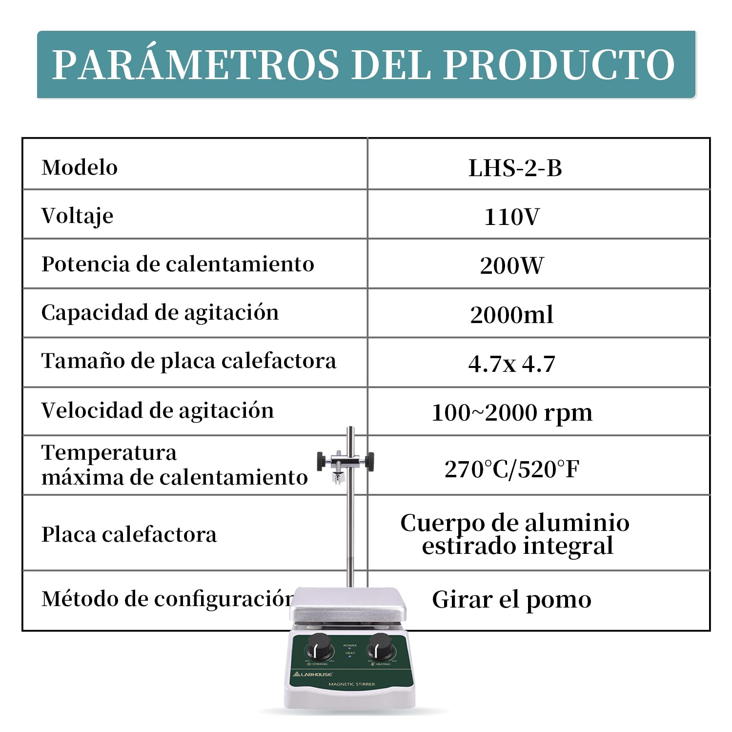 LHS-2 Agitador Magnético Placa Calefactora, 300°C/572°F, 2000RPM | Placa hasta 300°C, 2L, 4 barras PTFE y recuperador, soporte, variable, para calentamiento y mezcla en laboratorio