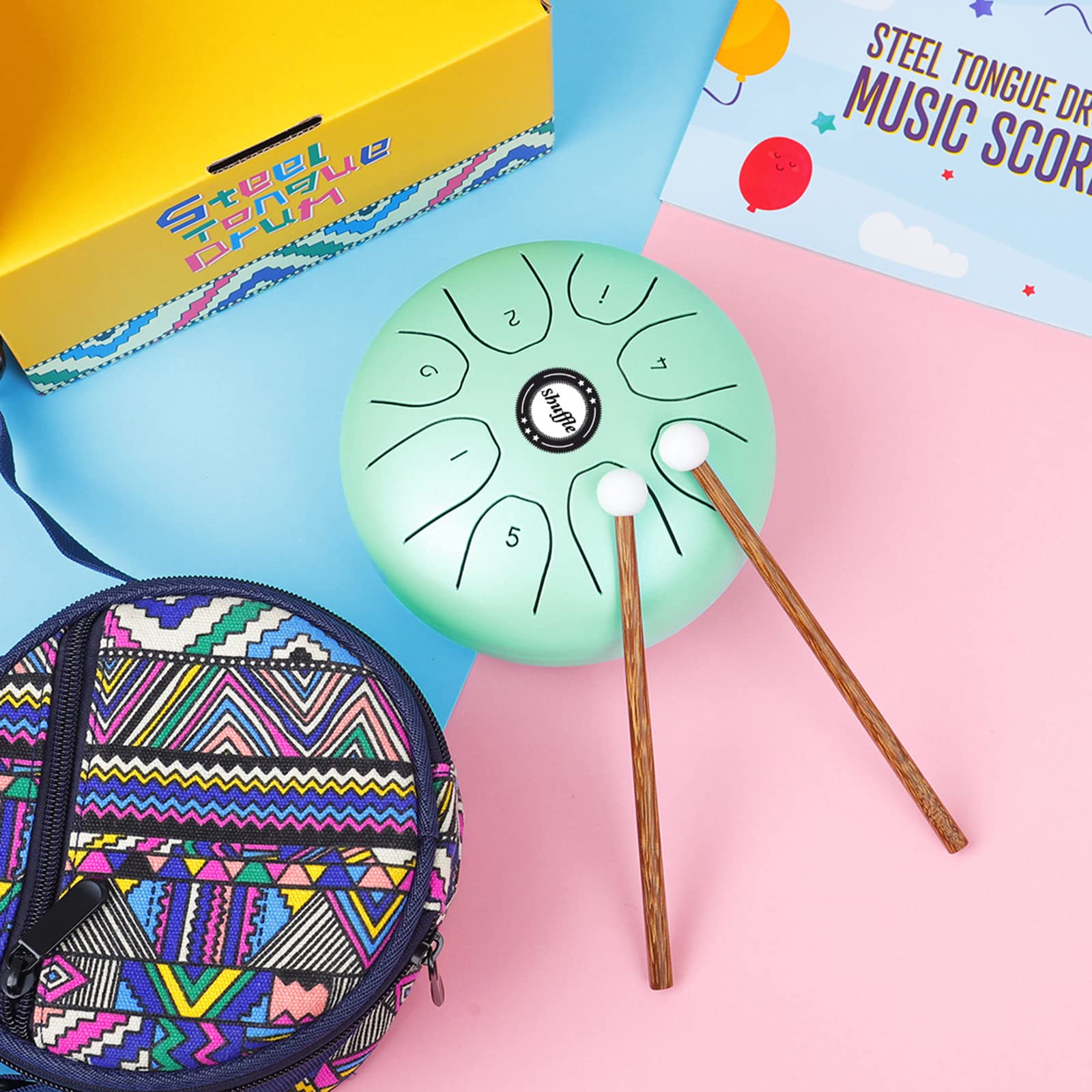 Tambour à 8 notes de 14 cm en acier avec clé en C - Instrument de percussion avec baguette de tambour - Livre de musique pour l'éducation musicale