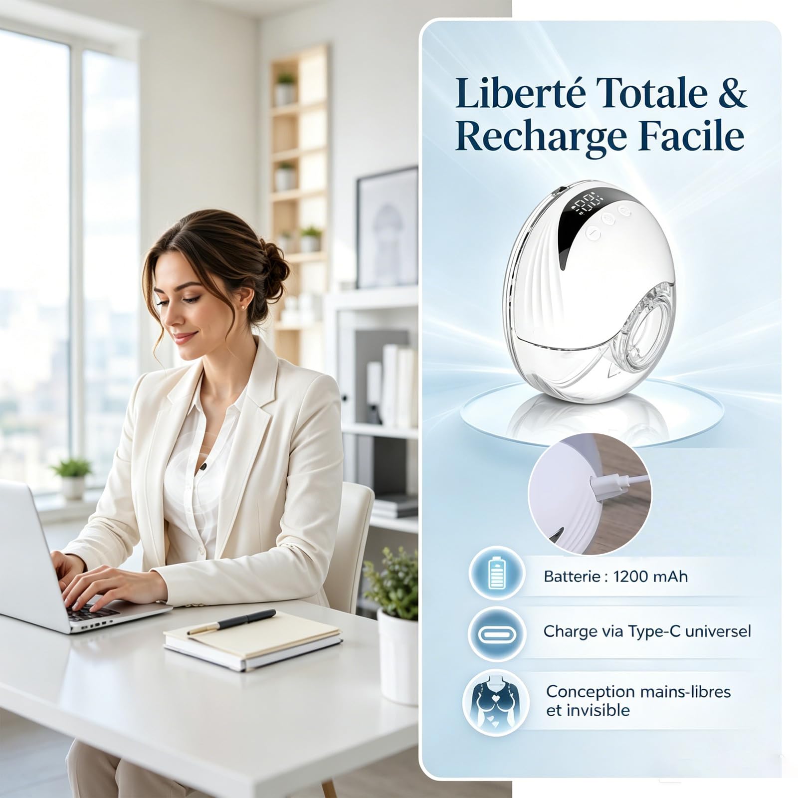 Tire lait électrique main libre - 24mm- 4 modes et 12 niveaux personnalisés - Type-C Écran LED - discret sans fil Lot de 2