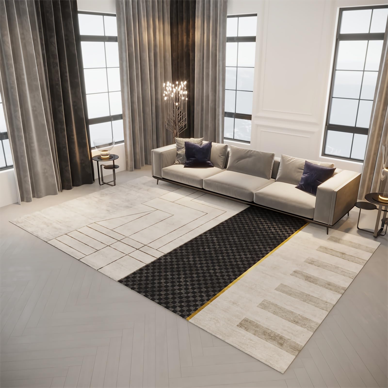 Alfombra alfombras Pelo Corto Salon Decoracion Cuarto Adolescente Beige Negro Diseño Geométrico Lavable Alfombra Salón alfombras Bebe 80x160cm