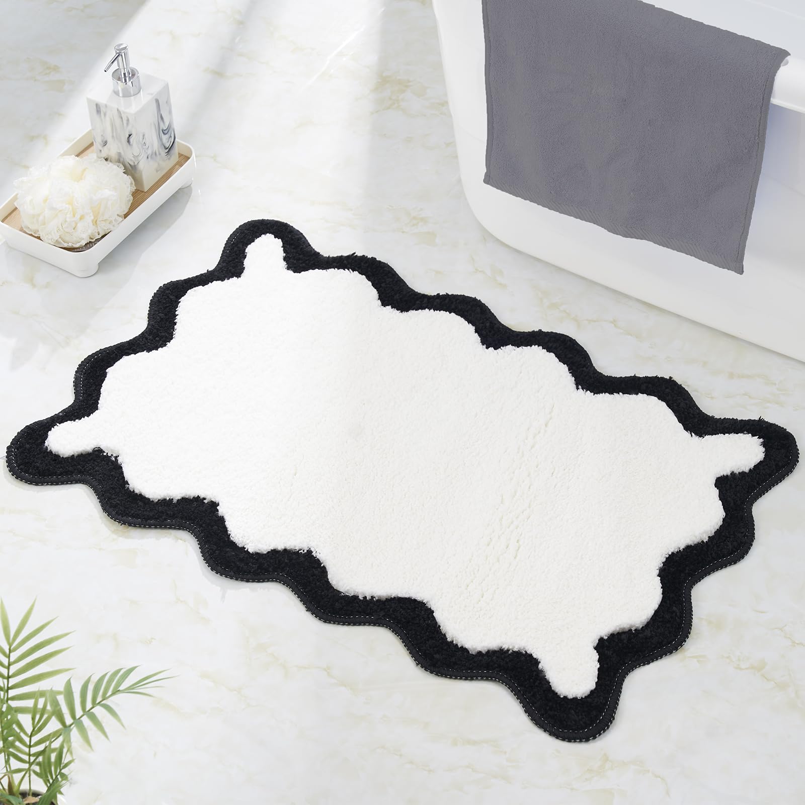 DyeFury Luxury Cute Bathroom Rugs, White Bath Mat W/Black Scalloped Edge, Microfiber Aesthetic Trendy Funky Fun Preppy Rug, Extra Soft Bathroom Mat Non-Slip for Tub, Shower, and Bath Room 30'' x 20'' — image 1