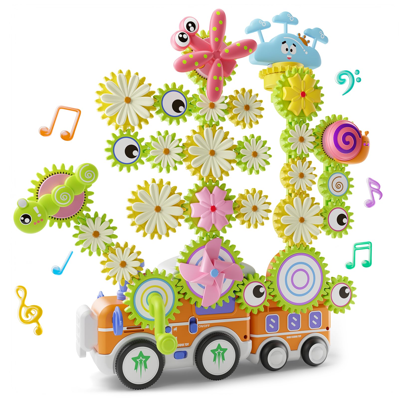 HEMRLY Light-Up Musical Train Gear Building Set with Flower Gears Plus
