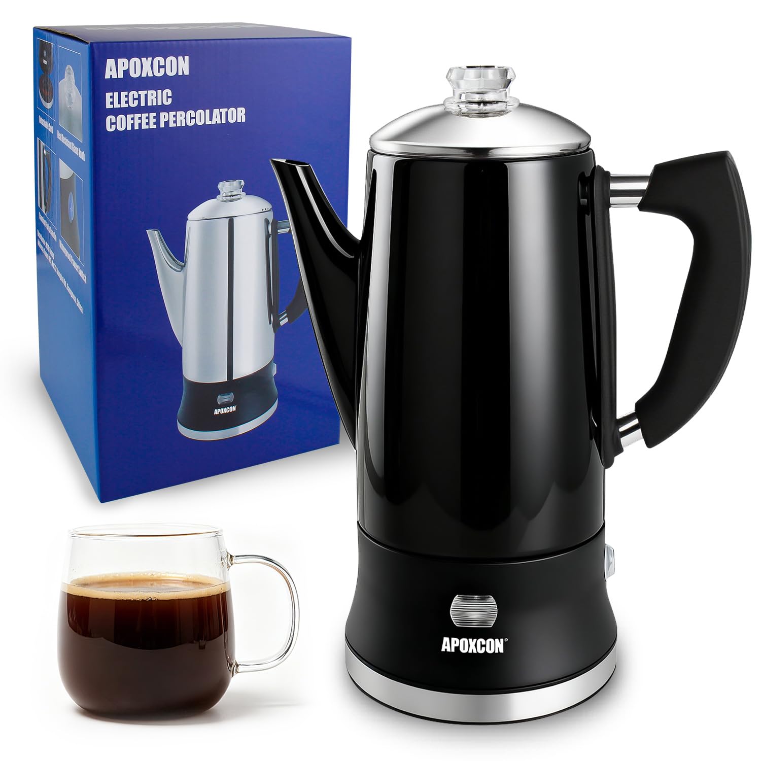 APOXCON Electric Coffee Percolator Stainless Steel Coffee Maker with Glass Knob On/OFF Switch Keep Warm Classic Coffee Pot - No Aluminum No Plastic Contact with Beverage Black (12 Cup)