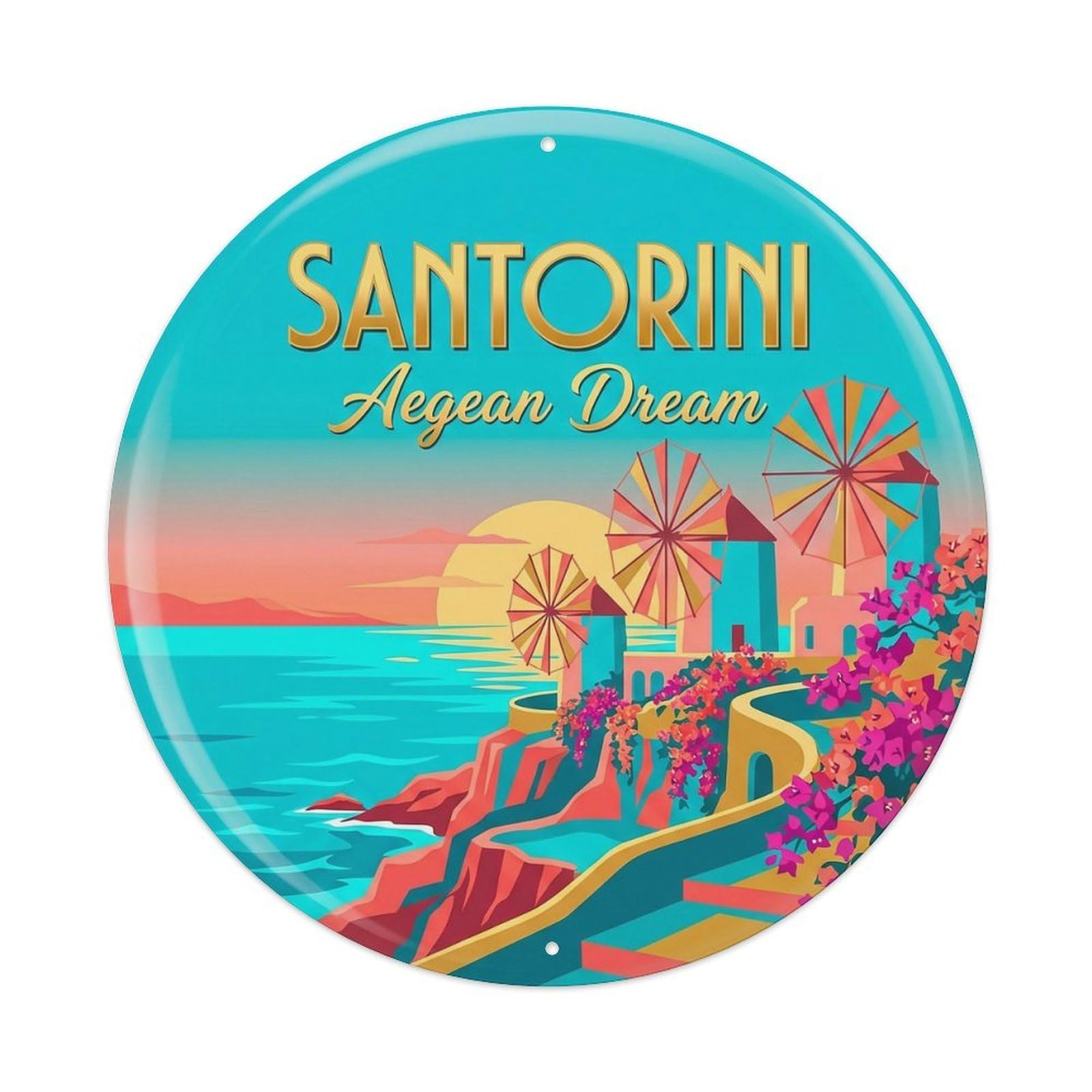 Greek Island Destination Scenery Sunset Landmark City Metal Tin Sign Plaque Wall Decor for Cafe, Man Cave, Club Bar, Office, Home Garden Round Metal Poster 8x8Inch