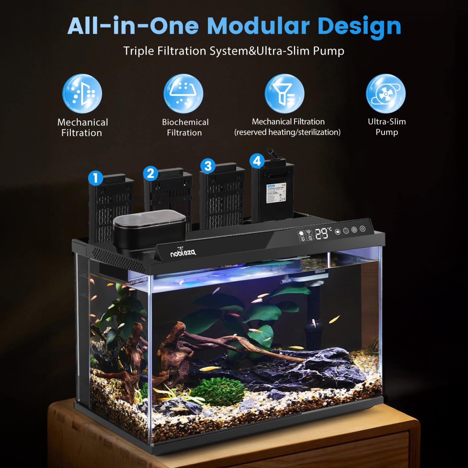 Nobleza Smart Aquarium 30L mit App-Steuerung, 3-Stufen-Filtersystem, EIN-Knopf-Wasserwechsel und Fernfütterung – Intelligentes Aquarium Komplettset