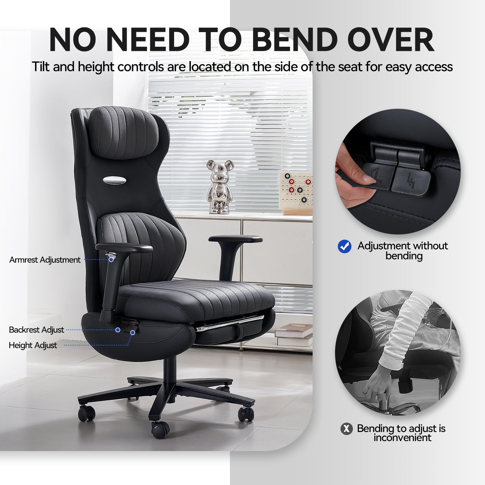 EMIAH Silla Oficina Ergonómica, Silla de Escritorio Reclinable con Reposapiés, Reposabrazos Ajustables, Silla Game de Respaldo Alto, Silla de Ordenador Ejecutiva con Soporte Lumbar, Cuero PU (Negro)