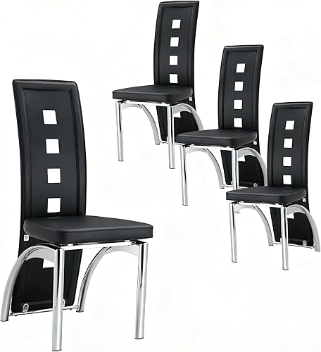 Juego de 4 sillas de comedor modernas, juego de sillas de comedor negras, sillas de cocina tapizadas de piel sintética con patas de metal plateado,