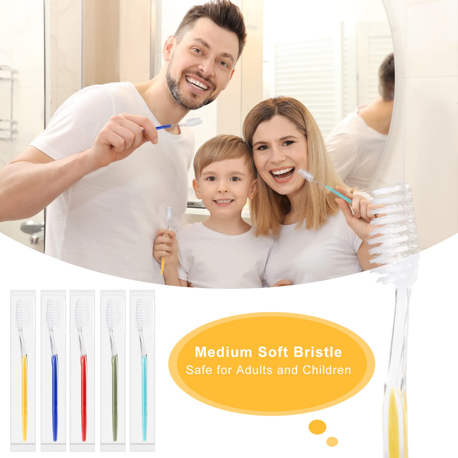 Homvle 100 spazzolini da denti usa e getta, confezionati singolarmente, spazzolini da denti da viaggio a setole morbide per adulti e bambini, articoli da toeletta per hotel, 5 colori.