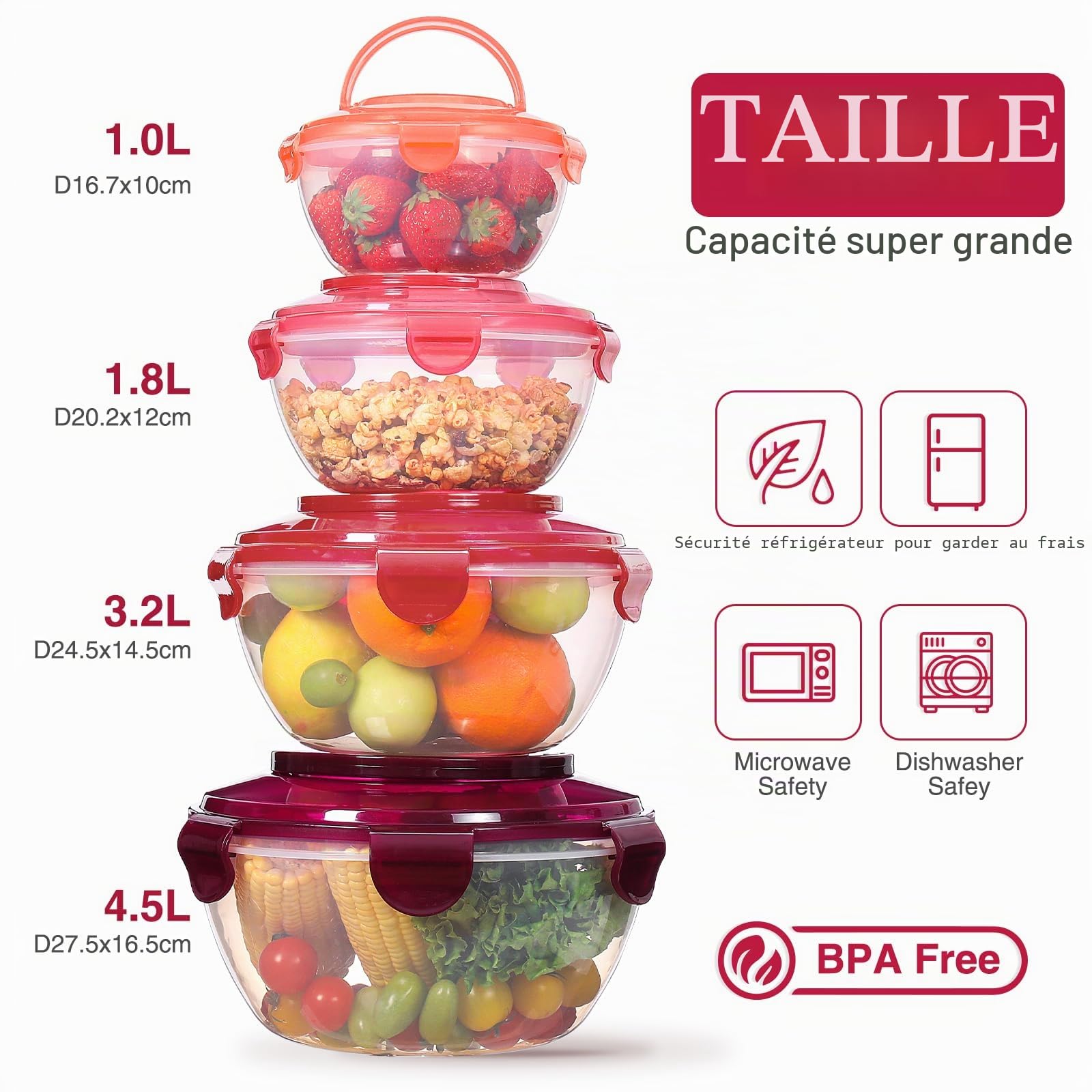 Luxear Lot de 4 Grand Saladier avec Couvercle Hermetique 1L-4,5L, Bol Plastique Reutilisable Bol de Cuisine Portable avec Poignée Sans BPA Boite de Conservation Passent Micro-ondes et Lave-vaisselle