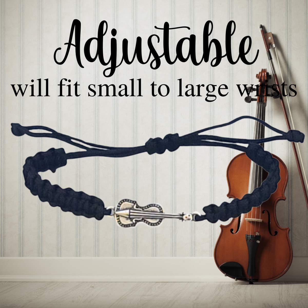 Infinity Collection - Violin Charm Bracelet (Black) Music Jewelry - Adjustable Friendship Bracelet, Braided String Stirrup Bracelet for Women, Teens and Girls. Gift for Musicians Violinist.