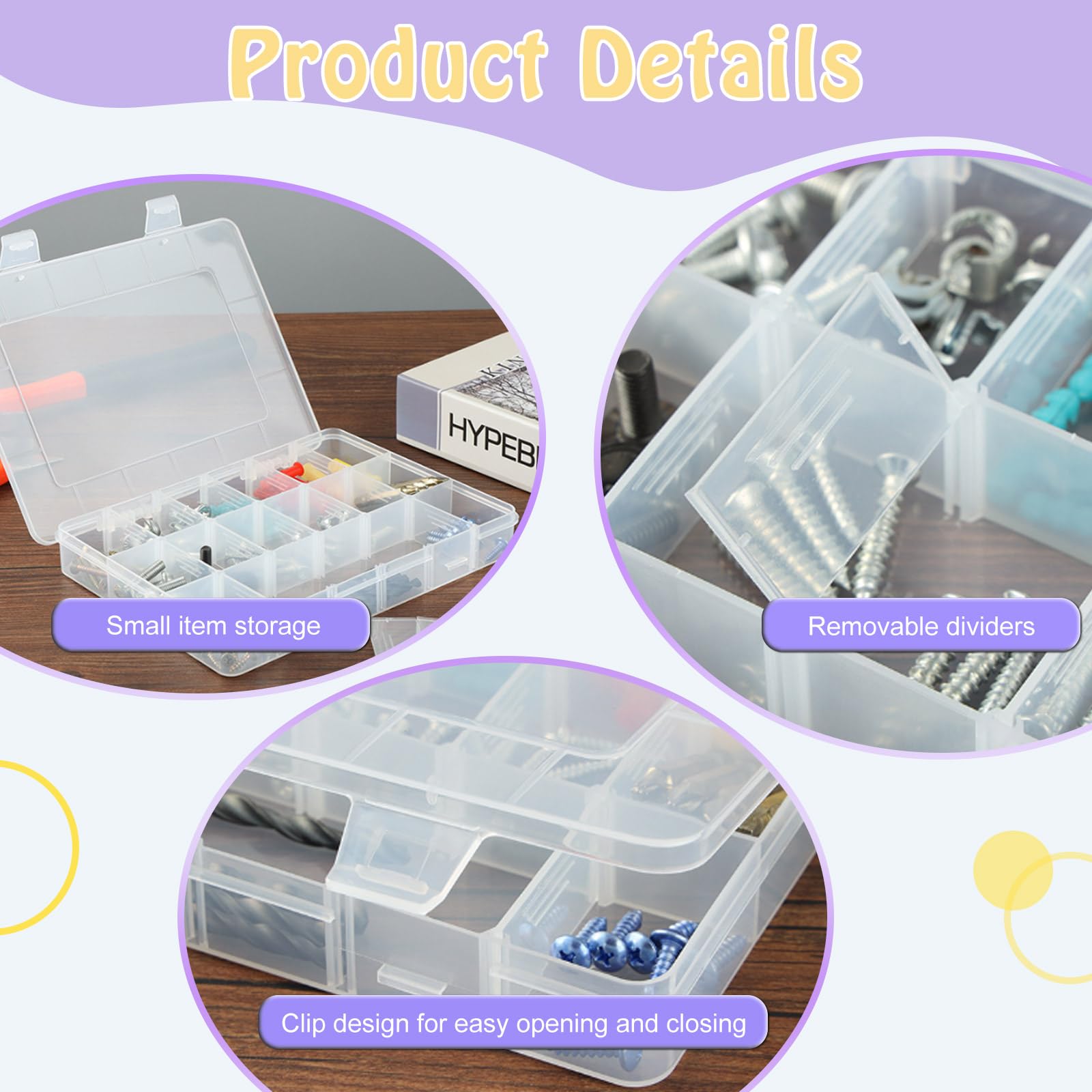Surflyee Snack Box with 18 Removable Compartments - Plastic Organizer Container for Beads Screws, Nuts, Transparent, 20*16*3CM - Image 3