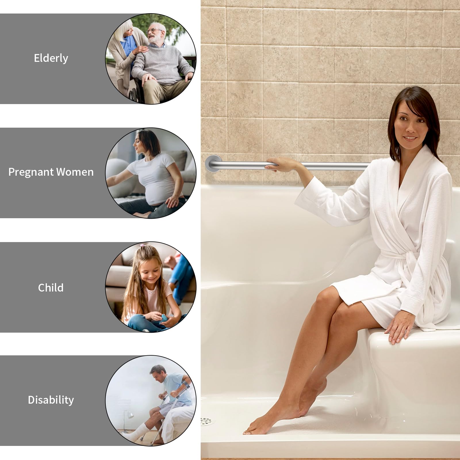 ZUEXT SUS304 - Barra per doccia in acciaio inox satinato e nichel spazzolato, con impugnatura per vasca da bagno (3,2 cm di diametro)