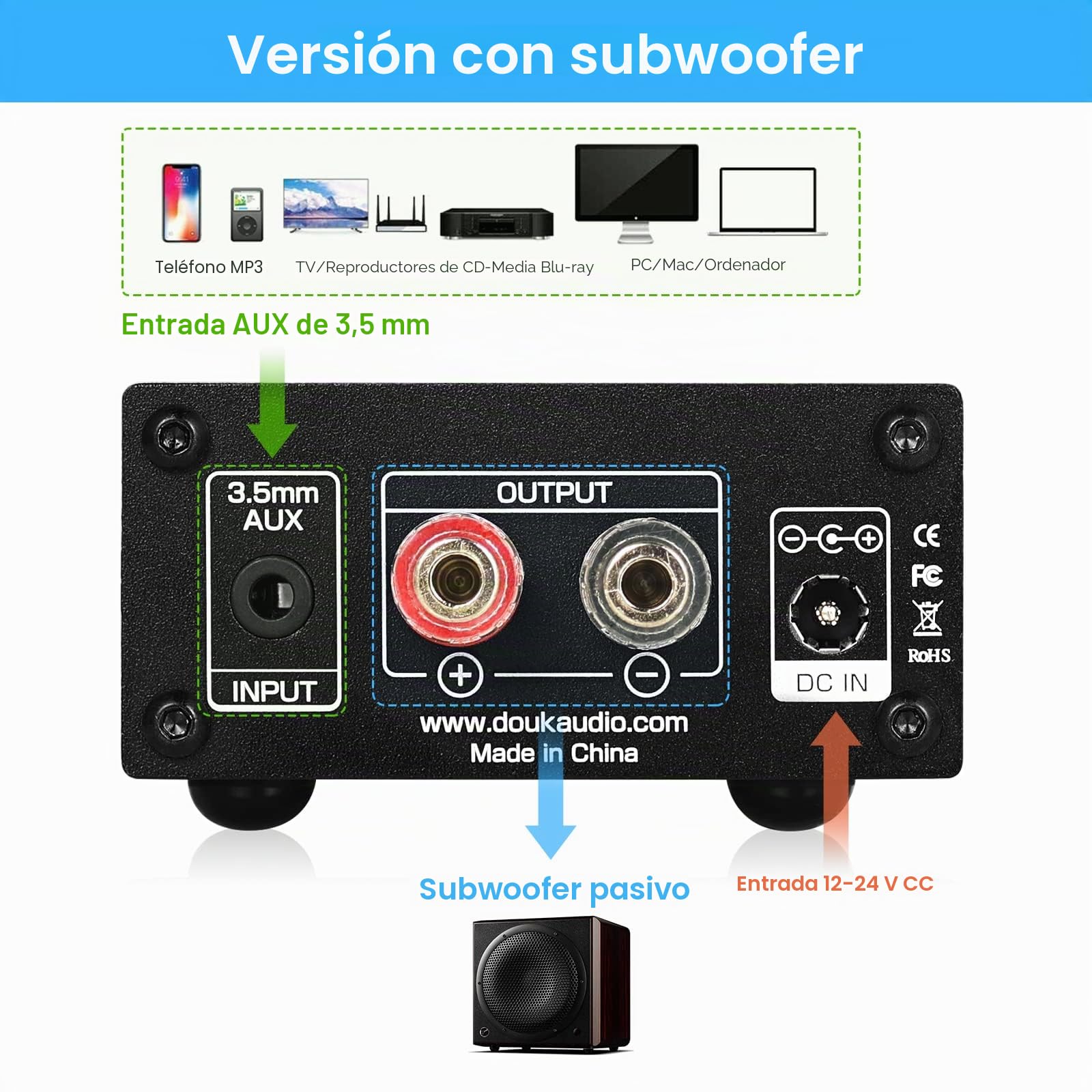 Nobsound - Amplificador de subwoofer (100 W, Fuente de alimentación), Color Negro