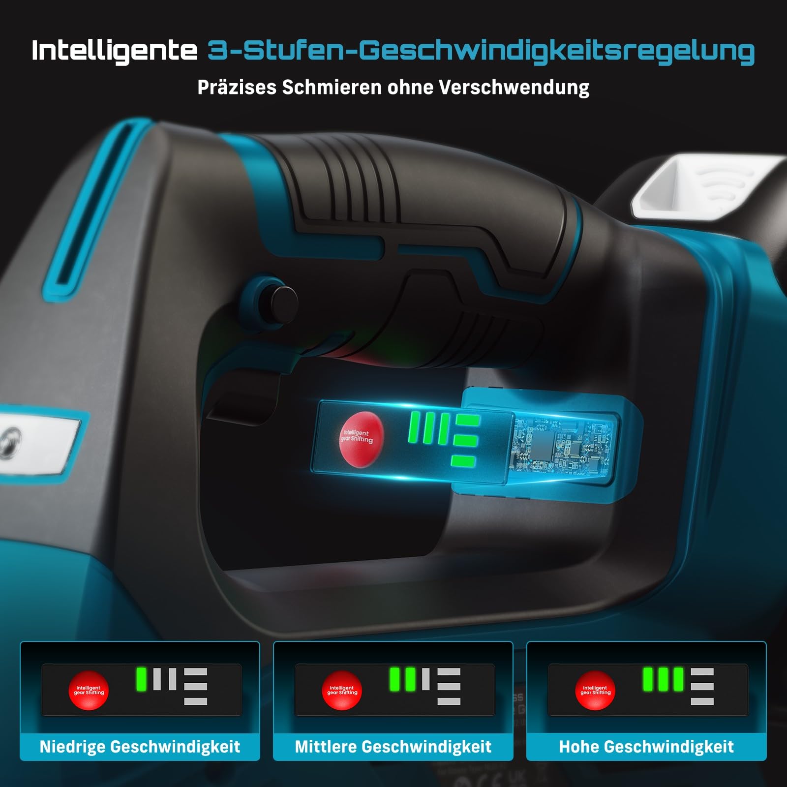 Seesii 12000PSI Akku Fettpresse Set mit 2 Akkus (und kompatibel mit Makita 18V Akku), 3 Geschwindigkeiten, Bürstenlosem Motor, 3 Mundstück, 1m langem Schlauch, 90-Grad-Adapter und LED-Leuchte