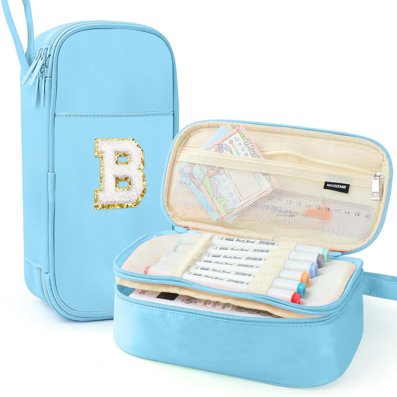Nuozme Large Pencil Case,Big Capacity Pencil Pouch,Personalized Initial Pencil Bag with Smooth Zipper,Multiple Pockets,Cute Aesthetic Stationery Pen Case Bag for Teen Girls College (Blue, B)