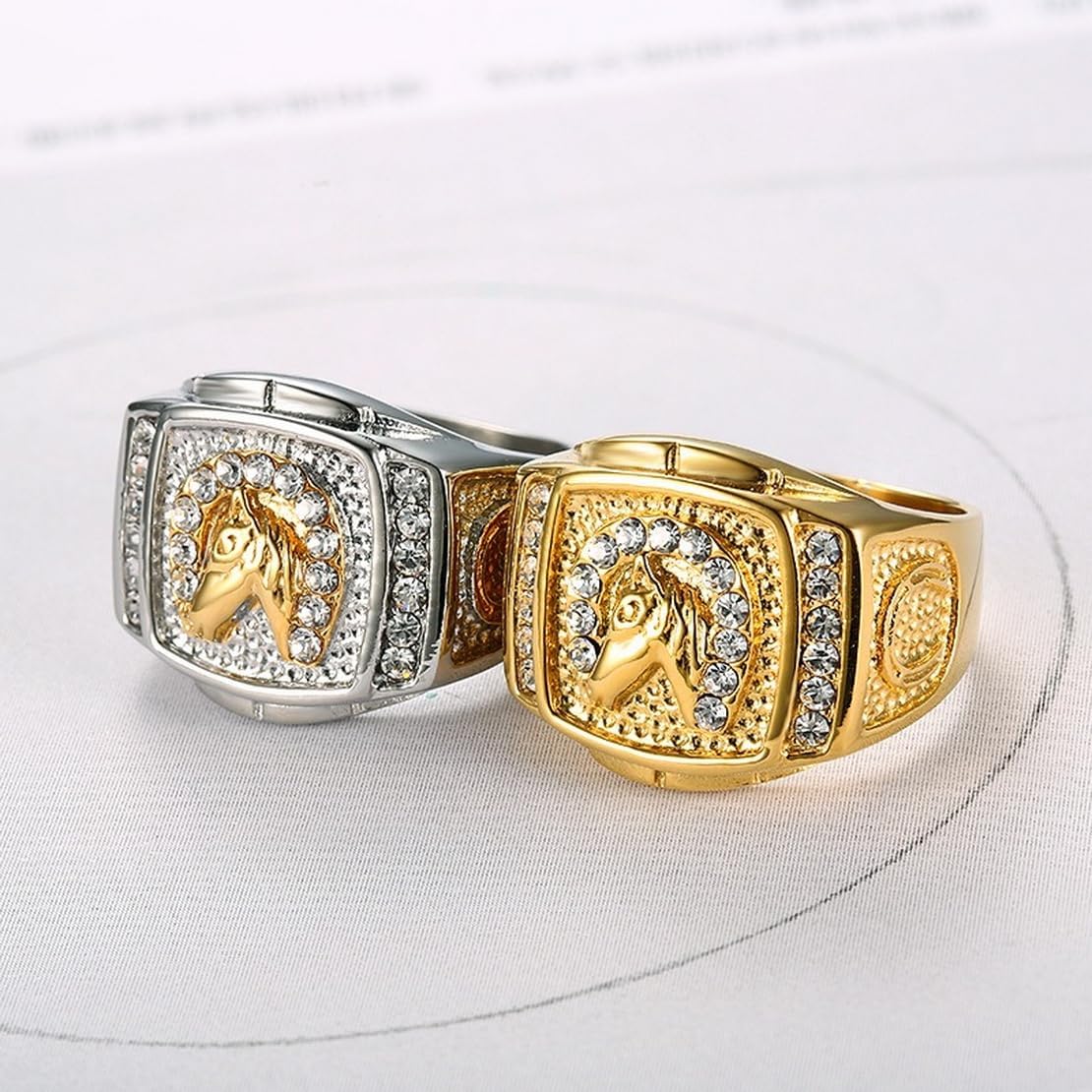 Lucky Gold Plated CZ Bling Horseshoe Ring for Men,Iced Out Horse Ring,Unique Western Stainless Steel Ring Biker Vintage Square Hip Hop Rocker Fashion Equestrian Jewelry - Image 5