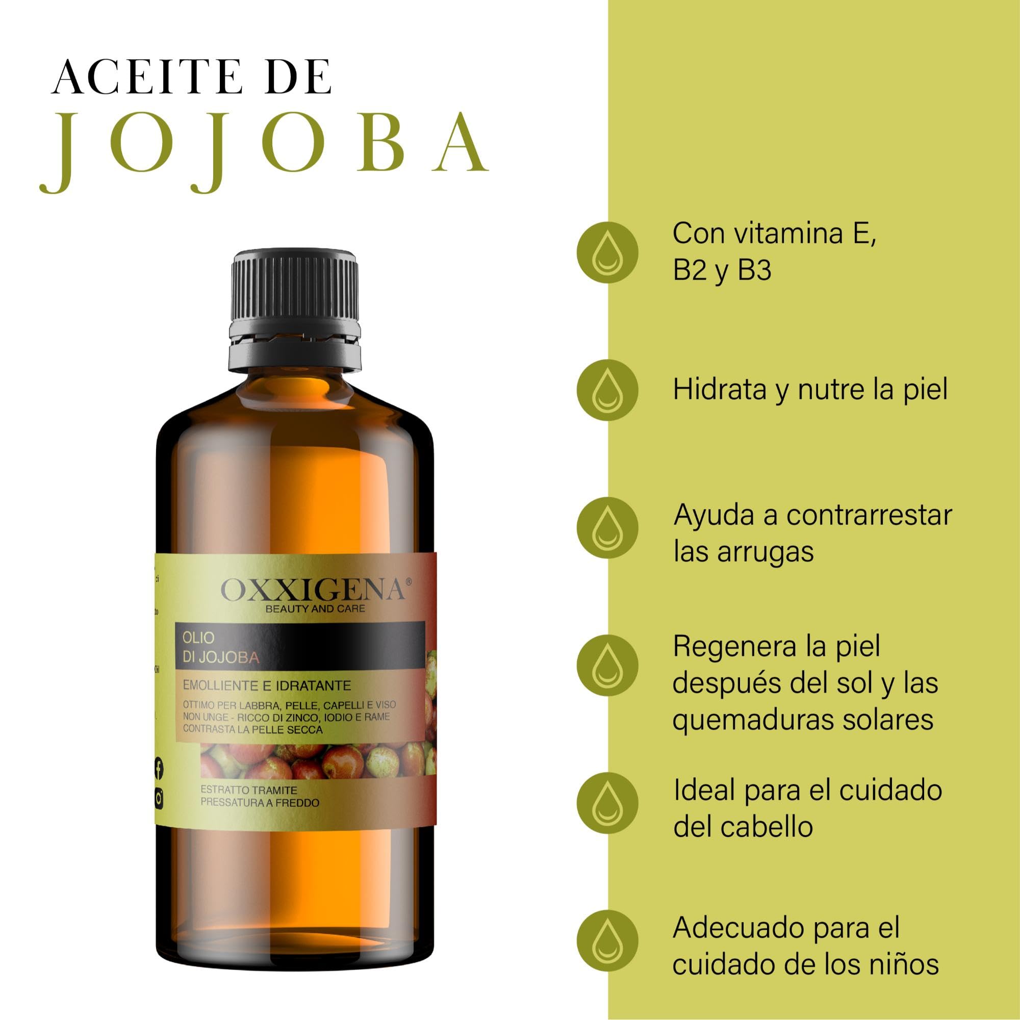 Oxxigena - Aceite de Jojoba 100% Puro, Paquete de 1000 ml, Prensado en Frío, Hidrata y Nutre Profundamente la Piel, Da Brillo al Cabello, Vegano y Sin OGM