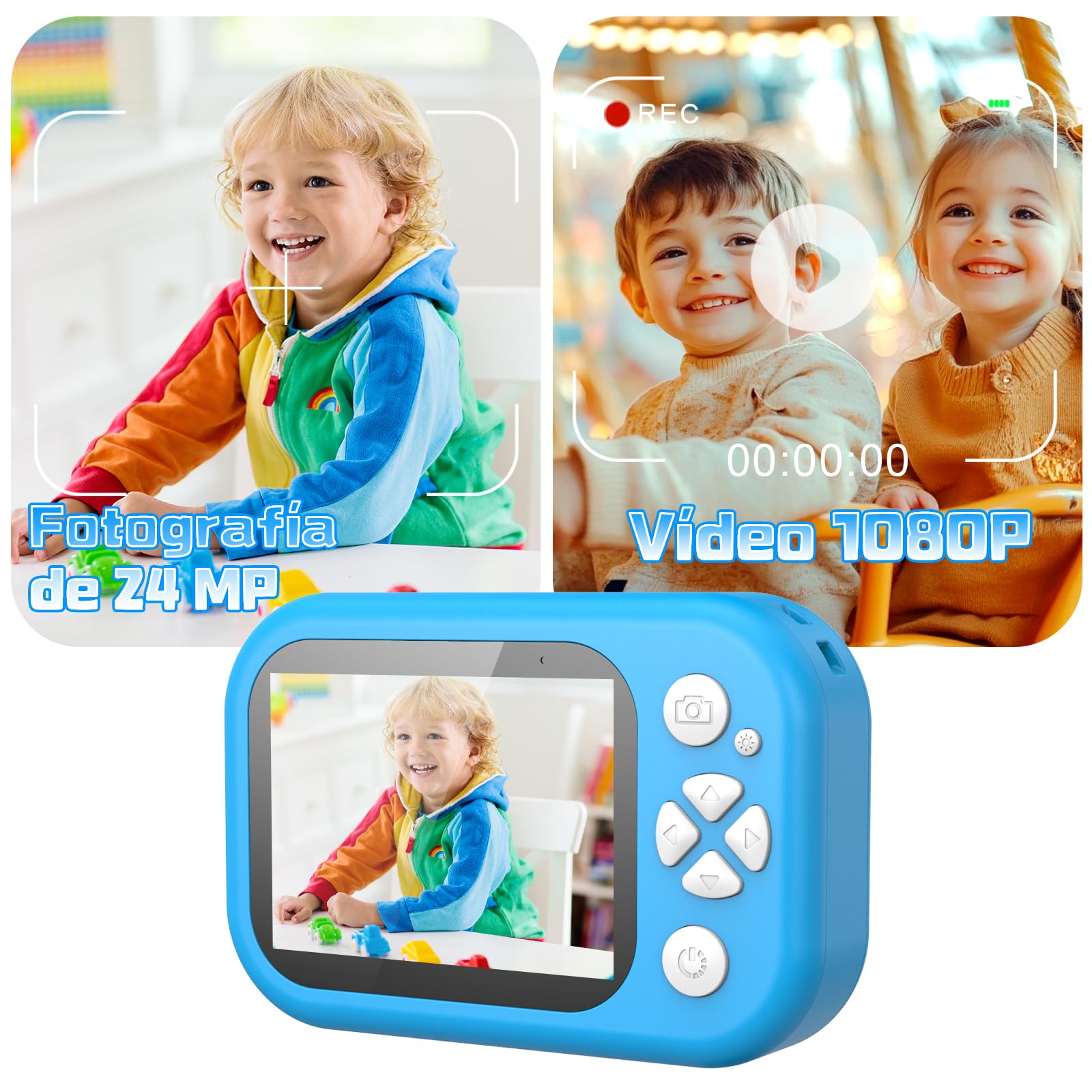 CHAKEYAKE Camara Acuatica Infantil, IP67 1080P Cámara subacuática con Zoom 10X, Pantalla de 2.4”, Tarjeta 32GB, Juguete para Piscina y Playa, Regalo para Niños y Niñas de 3–12 Años, Azul
