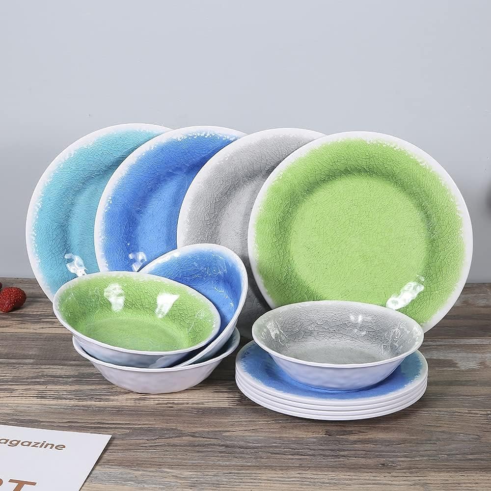 ZLruyao Melamine Dinnerware Sets 12 Pcs Outdoor Dishes Set for 4, Dishwasher safe