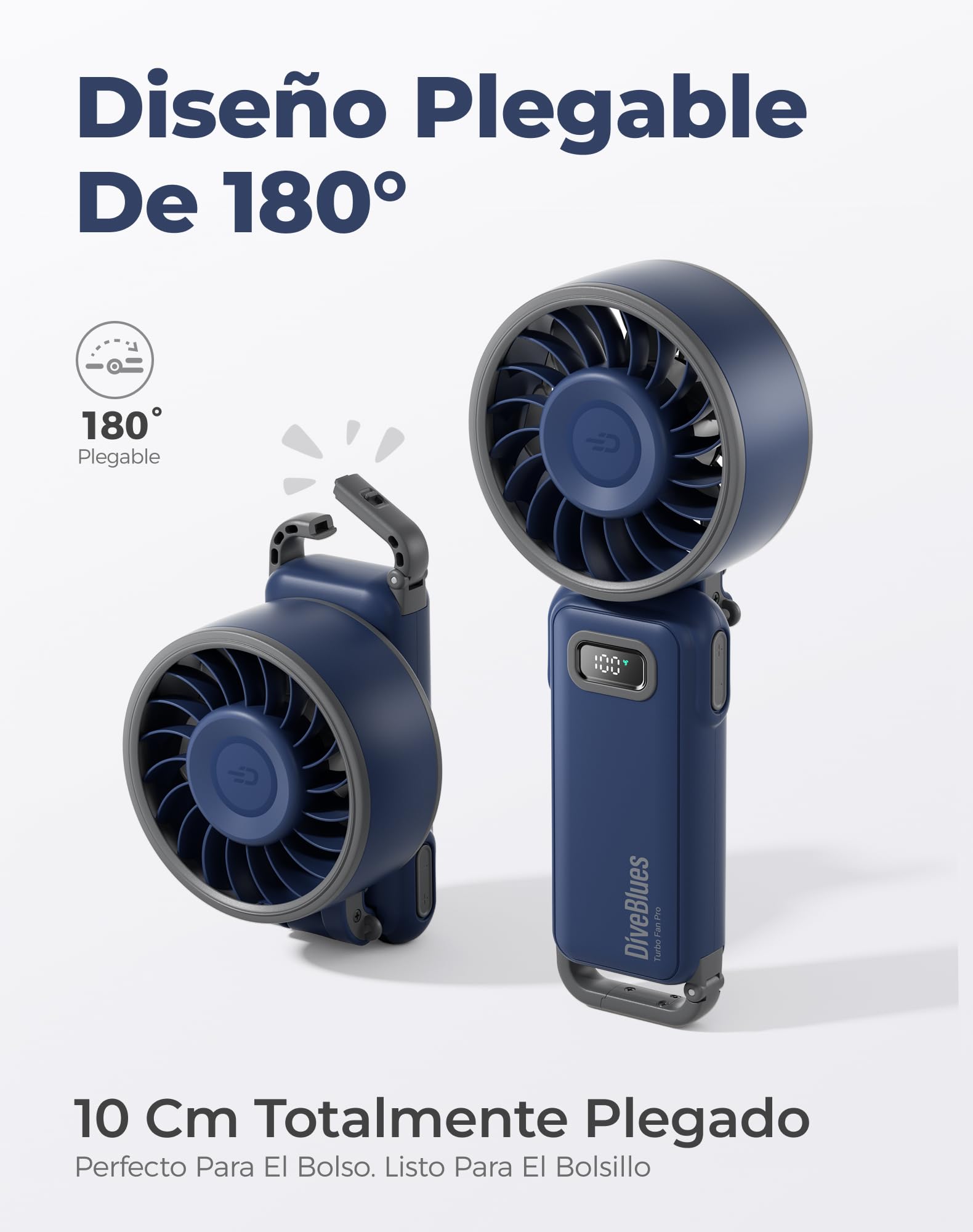 Diveblues Ventilador de Mano Turbo Portátil, 100 Velocidad, Flujo de Aire Potente de 7,4 m/s, Mini Ventilador Plegable 180° 4-en-1 para Mano, Cuello o Mesa, Recargable para Verano, Viajes y Exterior